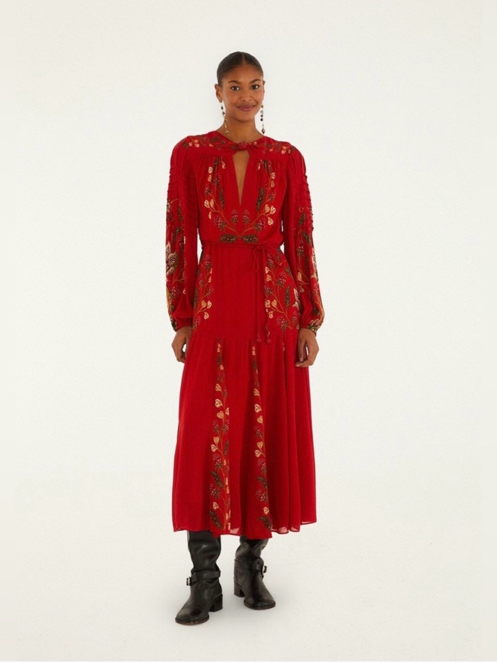 Farm Rio Red Embroidered Long-Sleeve Midi Dress
